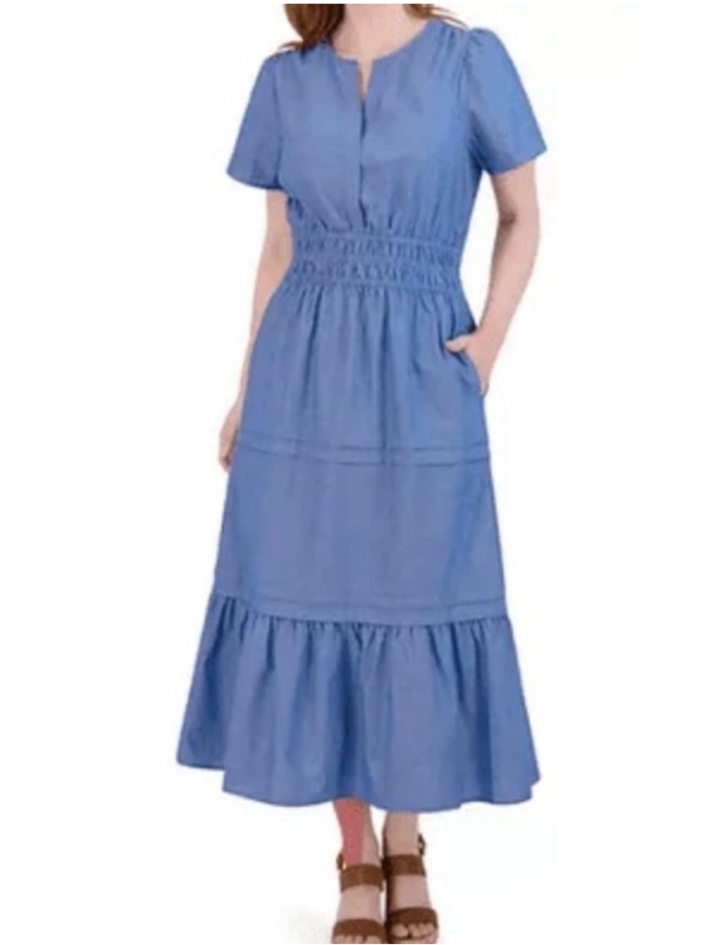 French Connection Smocked Chambray Tiered Maxi Dress Pockets Cottagecore Sz XS